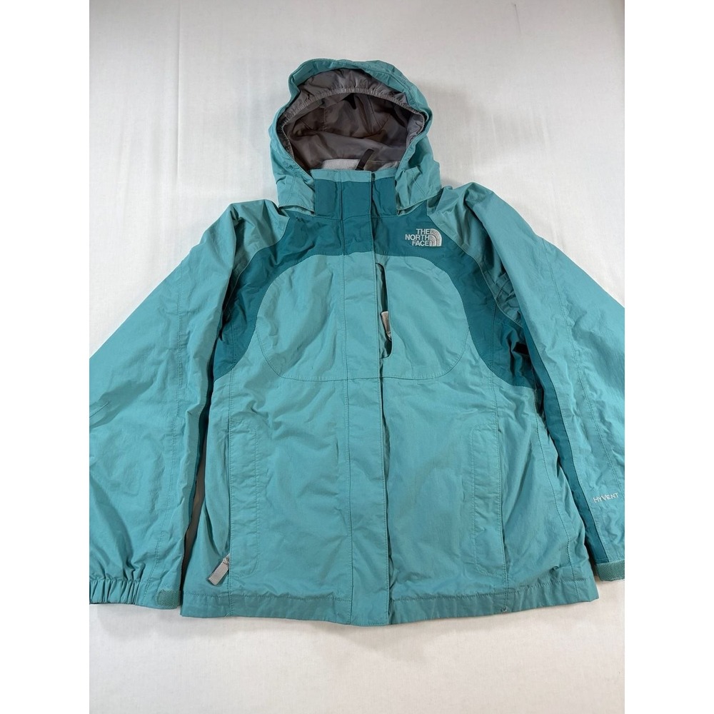 The North Face Girls L HyVent Rain Jacket Teal Turquoise Hooded Full Zip Shell